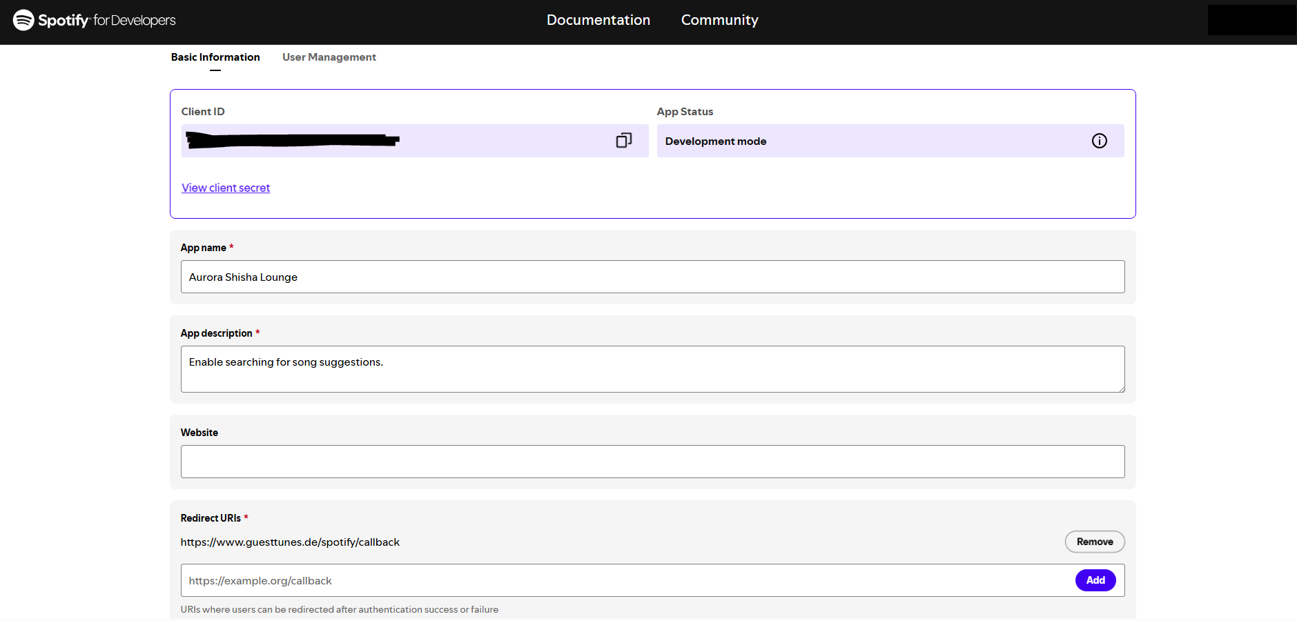 Basisdaten der App inkl. Redirect URI und Client ID